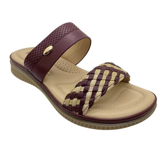 Kiki Jasmine K23-992 Women Flat Double Straps Sandals In Maroon And Navy, Sizes 36-41