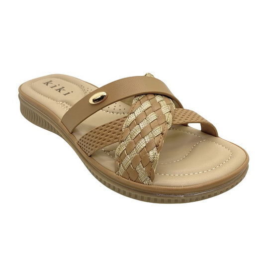 Kiki Ruth K23-993 Women Flat Criss Cross Sandals In Lt.Brown And Navy, Sizes 36-41